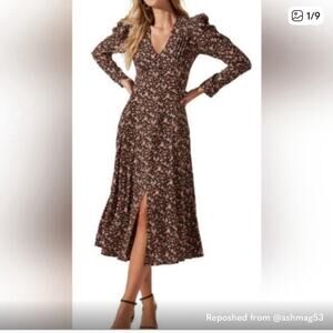 ASTR Long Sleeve Floral Midi Dress - Black and Pink